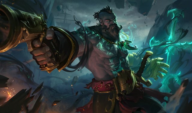 Gangplank aims his flintlock pistol in League of Legends