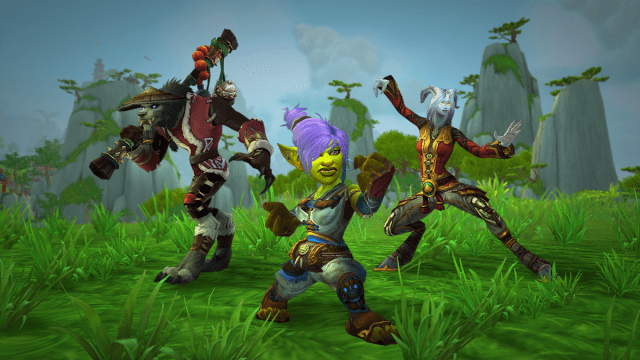 Worgen, Goblin, and Draenei Monks in battle stance.