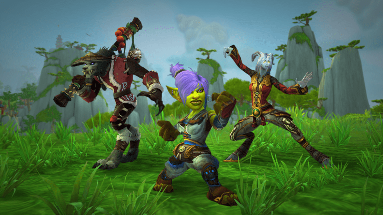 Worgen, Goblin, and Draenei Monks in battle stance.