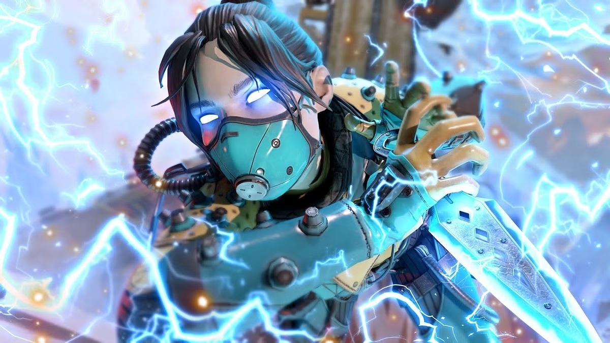 Wraith from Apex Legends staring into the camera with glowing, blue eyes.