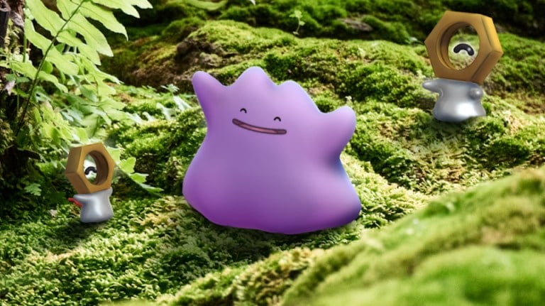 Ditto squirming around in a field in Pokemon Go.