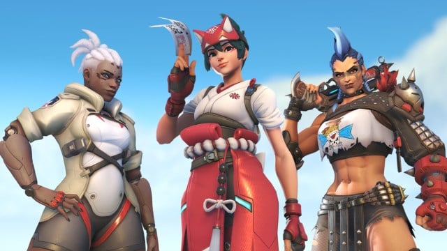 (left to right) Sojourn, Kiriko, and Junker Queen as they appear in Overwatch 2.