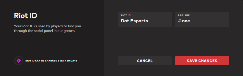 A screenshot of the Riot ID tab. It says Riot ID "Dot Esports" and tagline "# one."