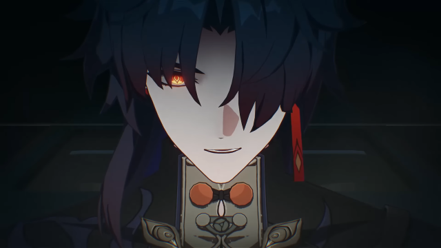 A close-up shot of Blade with one eye glowing and the other hidden by his hair as he smirks.