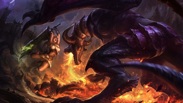 Riven fighting a dragon in League of Legends