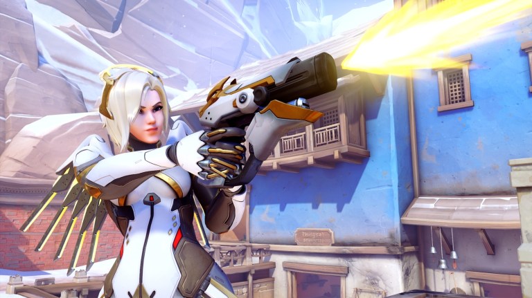 Overwatch hero Mercy firing a weapon.