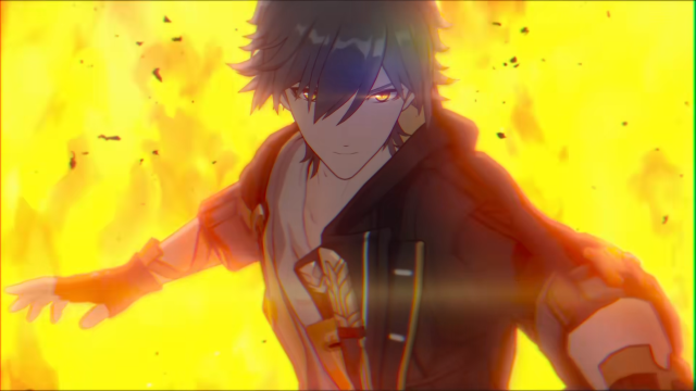 The male Trailblazer standing surrounded by fire.