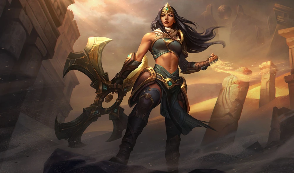 The splash art for Sivir, a champion that is known for battling foes with her giant boomerang blade.