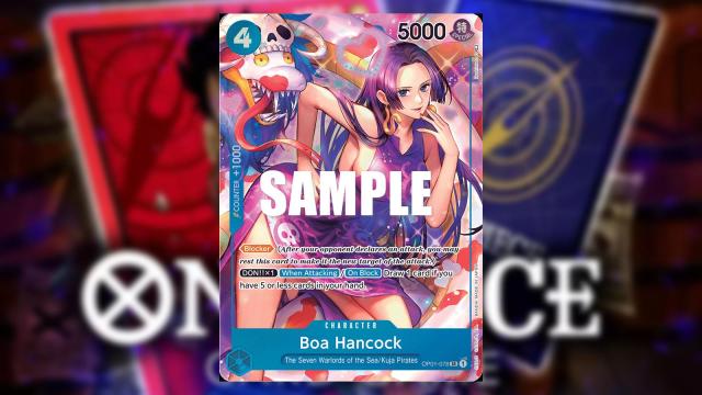 Boa Hancock from One Piece appears on a Blue Character card from the Bandai card game.