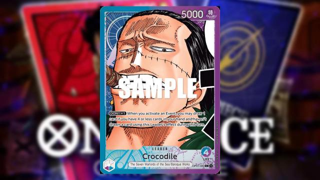 Crocodile from One Piece appears on a Blue/Purple Leader card from the Bandai card game.