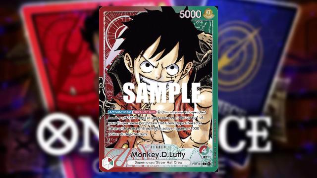 Luffy from One Piece appears on a Red/Green Leader card from the Bandai card game.