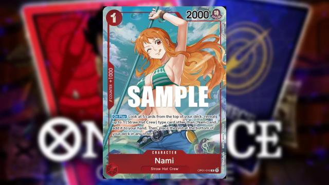 Nami from One Piece appears on a Red Character card from the Bandai card game.