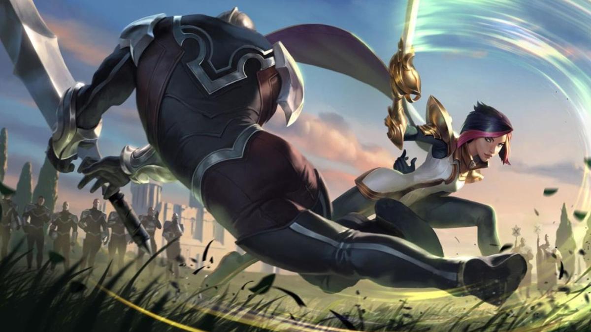 Irelia battles a Runeterra warrior with a sweeping attack from her rapier in League of Legends.