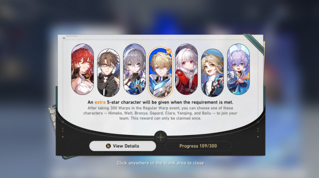 The artwork for the free five-star character featuring Himeko, Welt, Bronya, Gepard, Clara, Yanqing, and Bailu.