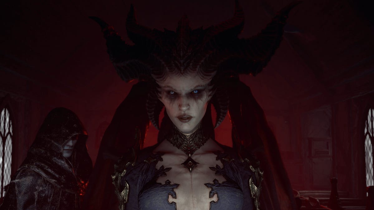 Lilith from Diablo 4 stares menacingly at you.