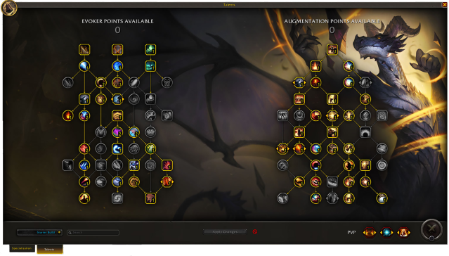 Augmentation Evoker talent trees. One talent tree is the class talent tree and the other one is the specialization talent tree.