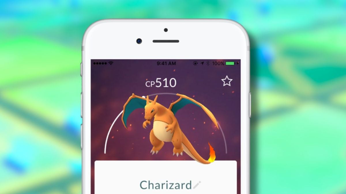 Charizard in Pokémon Go shown on a white phone screen with PoGo map blurred behind it.