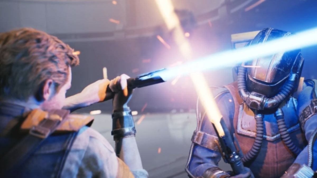 Two men wielding lightsabers battle