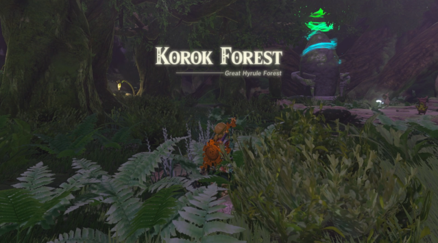 Link in Korok Forest with a Shine in the background.