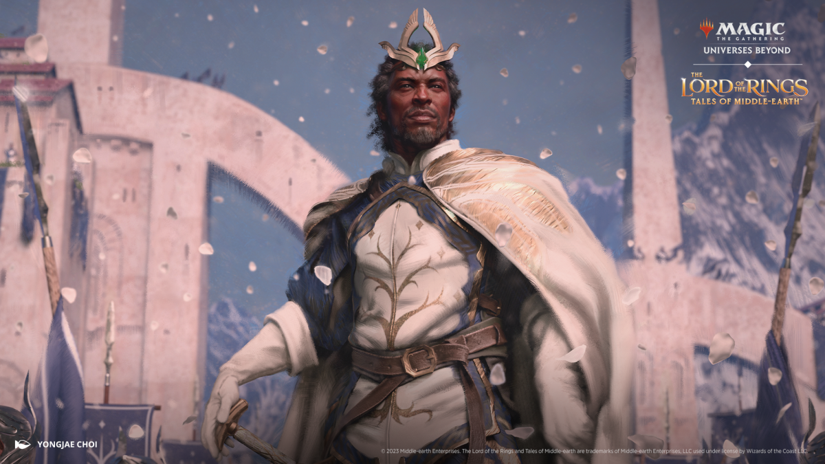 Aragorn reimagined as a Black man in a white and gold regal outfit, hand resting on his sword handle.