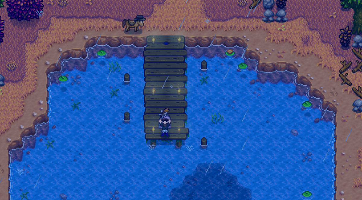 A purple-haired character stands at the edge of a dock in Stardew Valley