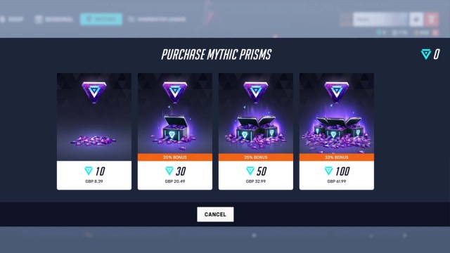 Overwatch 2 Mythic Prisms shop screen showing microtransactions for real money