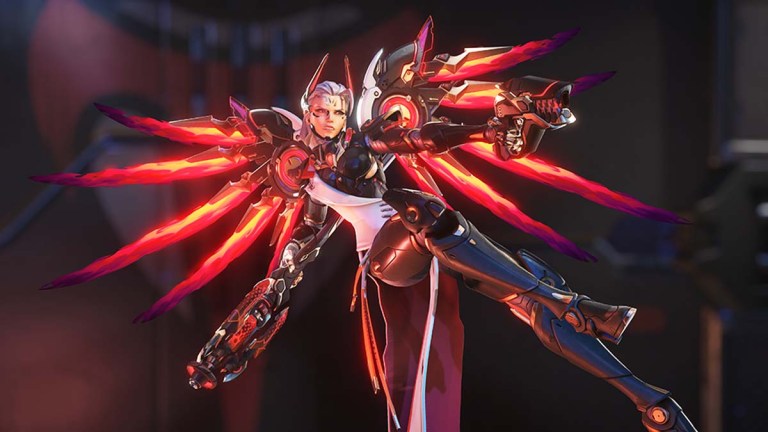 Overwatch 2 Vengeance Mercy Skin with red angel wings