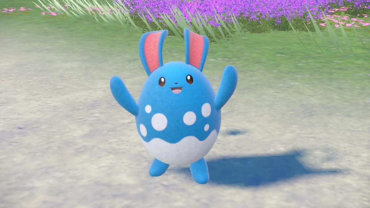 Azumarill smiling with its hands in the air in Pokémon Scarlet and Violet.