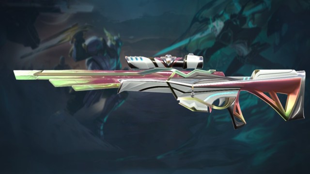 Sentinels of Light skin for the Operator in VALORANT. It's green and white with red veins.