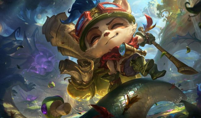 teemo holding a flute and seemingly ridiong on a big snake