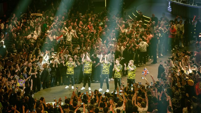 Team Vitality celebrate in the crowd at the BLAST Paris Major.