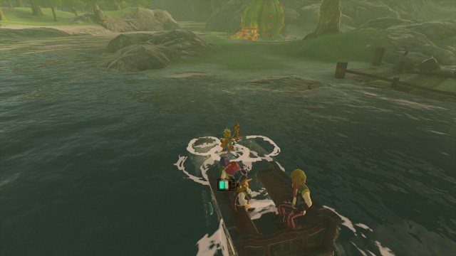 Link piloting a boat upriver.