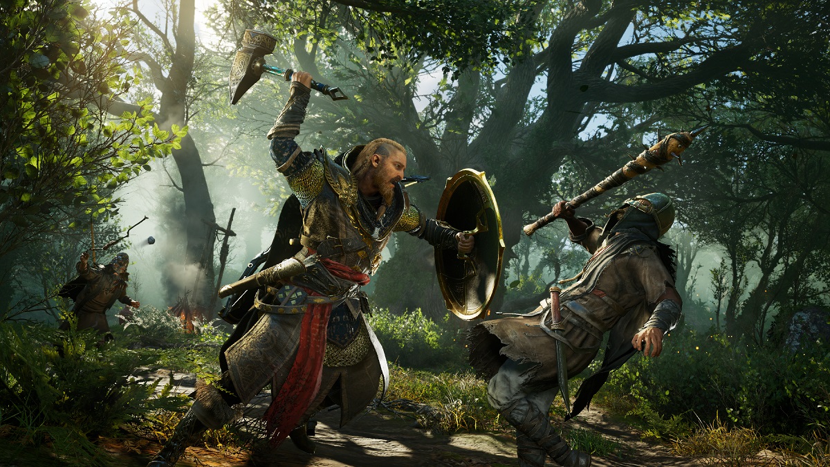 Eivor swings his axe at a falling enemy in Assassins creed valhalla