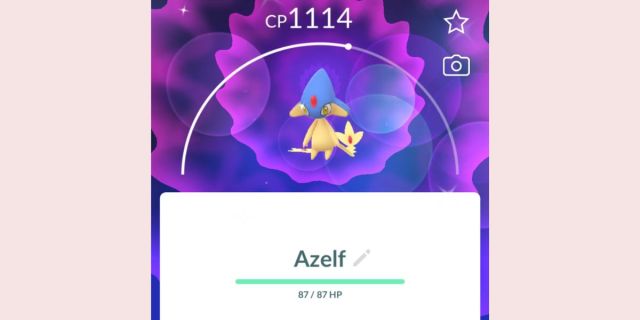 Azelf Pokémon Go icon with pink background.