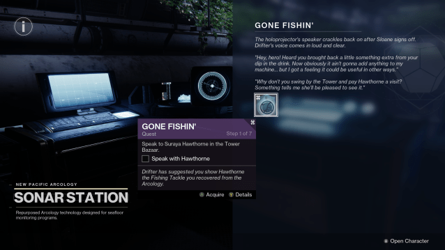 A screenshot of the Sonar Station in Destiny 2 with the Gone Fishin' quest.