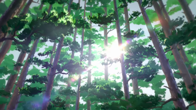 Light shining through trees in the forest where Disney Dreamlight Valley begins.