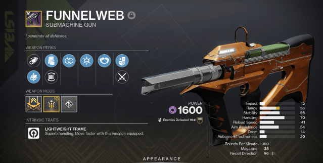 A stats page for the Funnelweb SMG in Destiny 2, including perks and Masterwork.