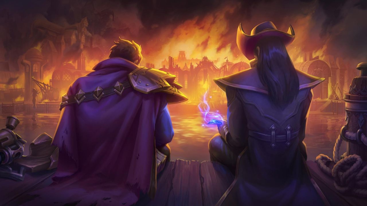 League of Legends champions Graves and Twisted Fate watching a port burn.