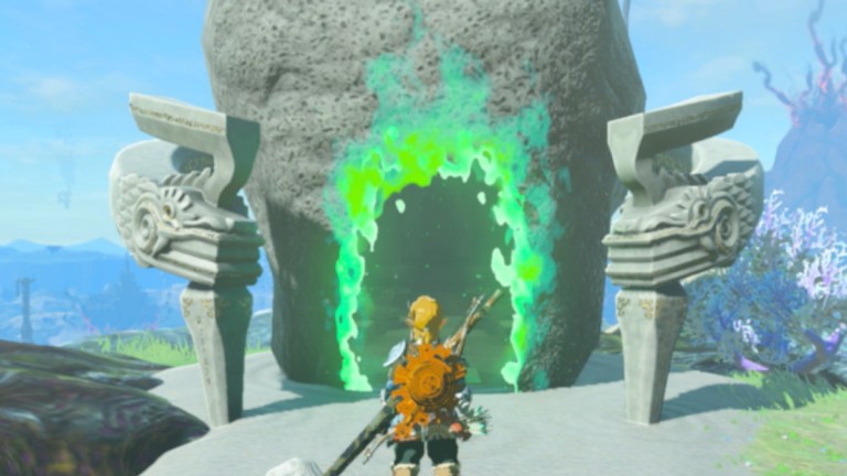 link looking at an open shrine in zleda tears of the kingdom. it kinda looks like a gaping butt