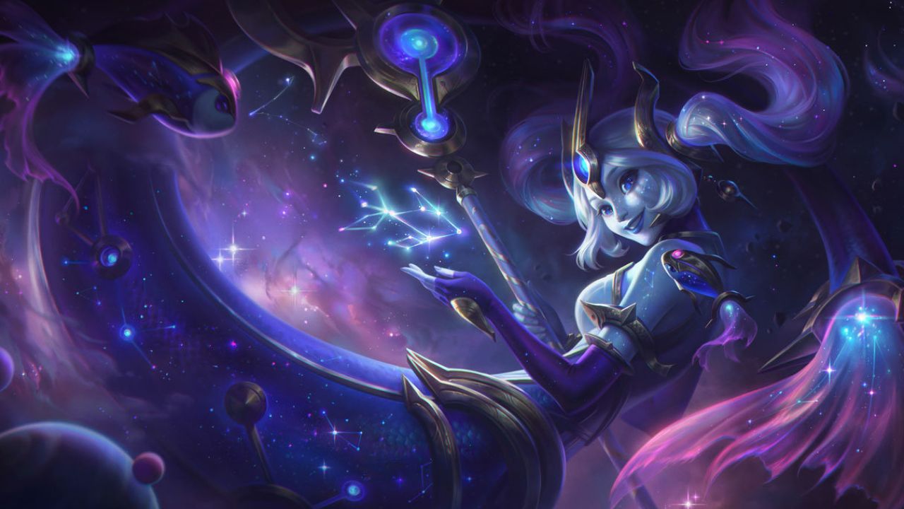 League of Legends character Name, the Tidecaller, in her Cosmic Destiny skin surrounded by stars