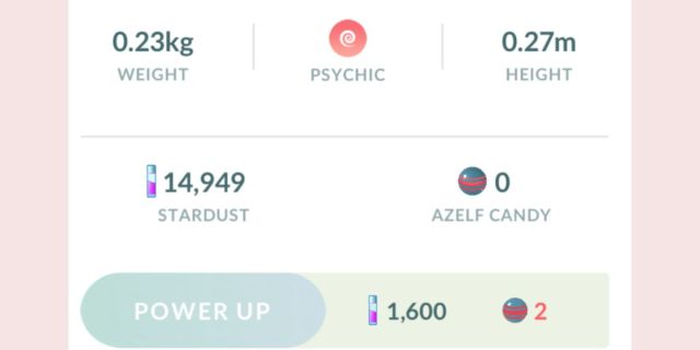 Azelf Pokémon Go candy, level, and size information.