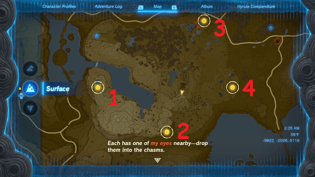 A map of the Great Plateau with four blinking yellow indicators. Each one has a number next to it, 1 through 4, starting on the west indicator and moving counter clockward.