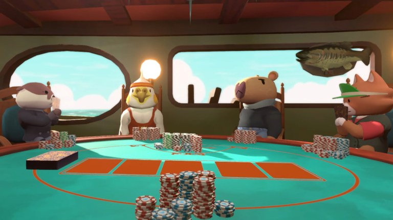 cel shaded animals playing poker on a boat