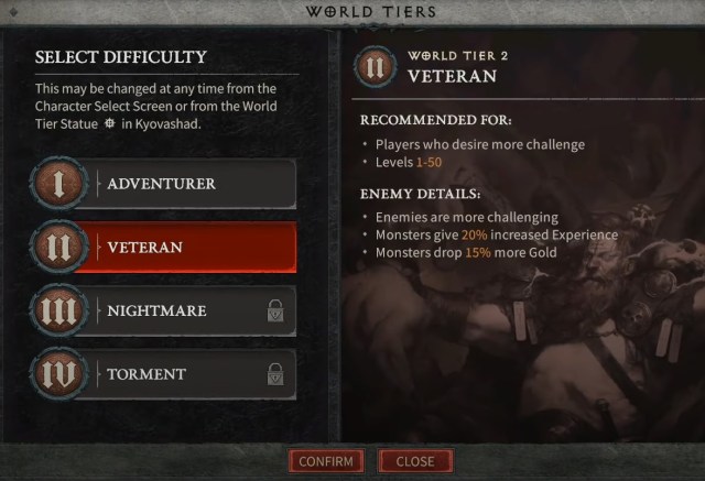 The World Tier selection screen in Diablo 4, showing the increased rewards for World Tier 2.