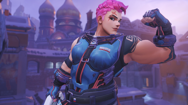 Zarya from Overwatch posing at the end of one of her highlight reel intros.