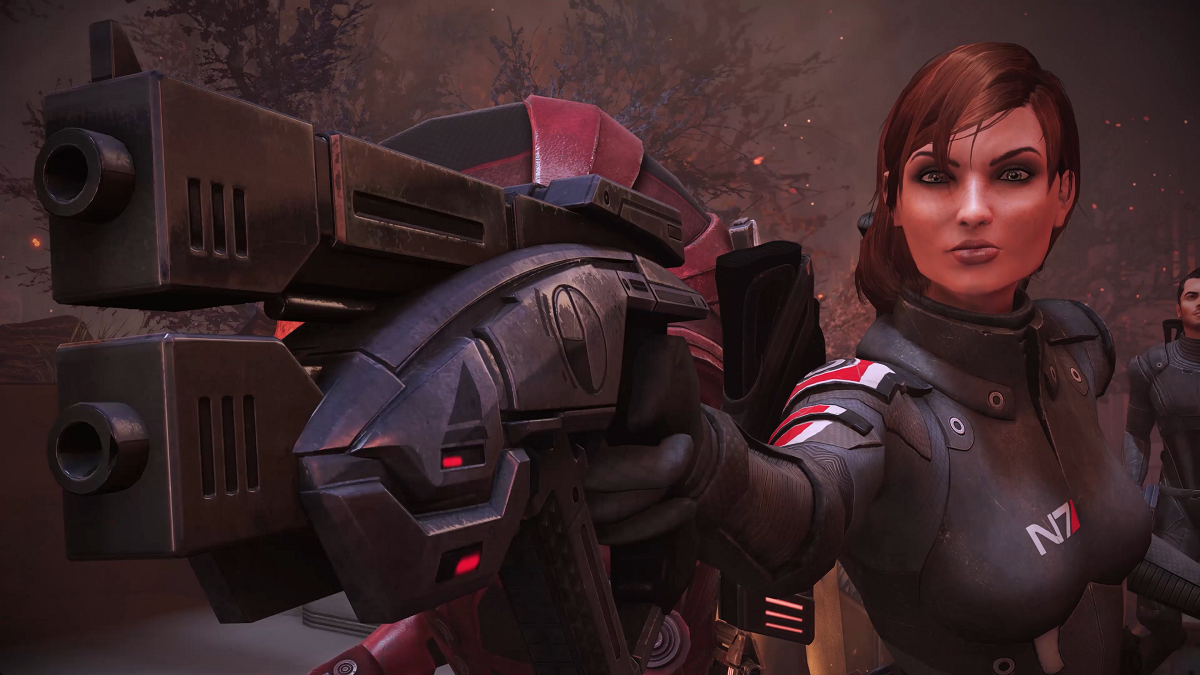 Mass Effect's Shepard pulling out a handgun and pointing it towards the camera.