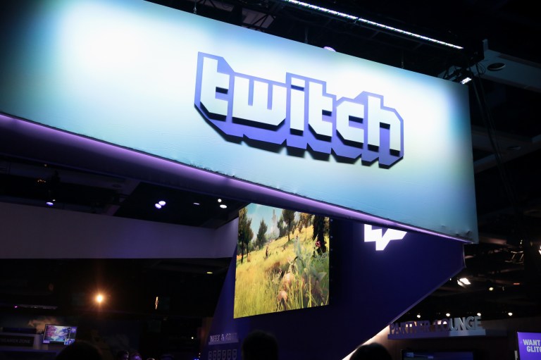 Twitch logo on white background at a 2018 PAX West