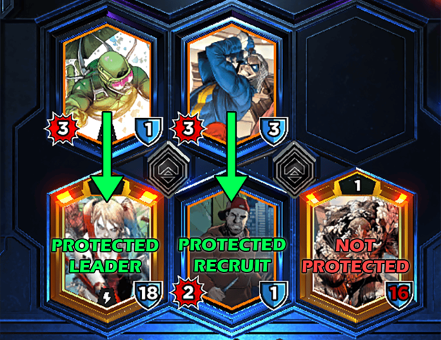 A screenshot of a DC Dual Force game board, with arrows indicating card attacking direction.