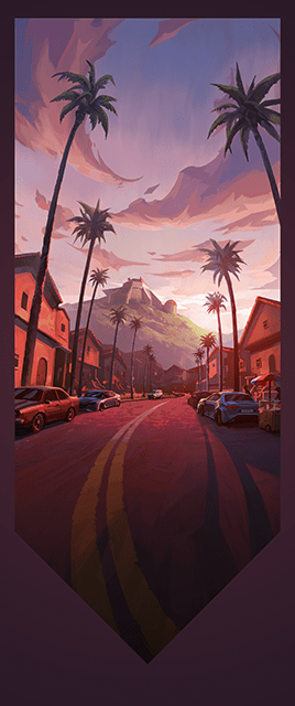 The Golden Hour player card in VALORANT shows a street with palm trees and cars lining its sides. A mountain with a metal building lies in the background.