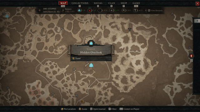 Map showing the location of the Hidden Overlook in Diablo 4.